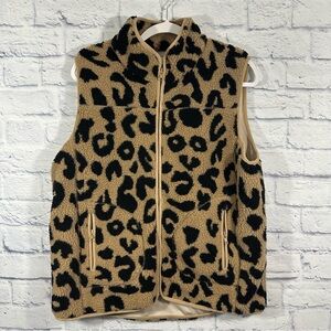 Entro Sleeveless Leopard Print Sherpa Front Zip Vest Sz Large Black Tan